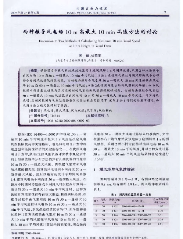 两种推导风电场10m高最大10min风速方法的讨论