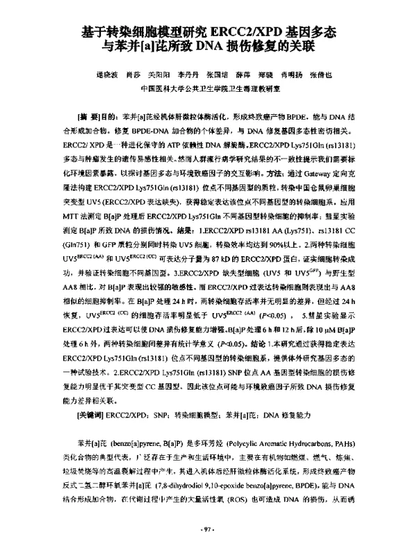 基于转染细胞模型研究ERCC2XPD基因多态与苯并[a]芘所致DNA损伤修复的关联
