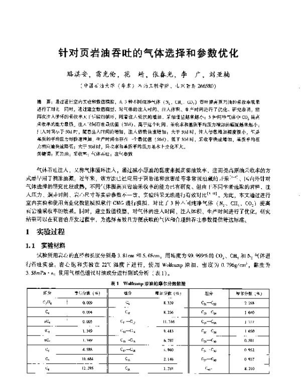 针对页岩油吞吐的气体选择和参数优化