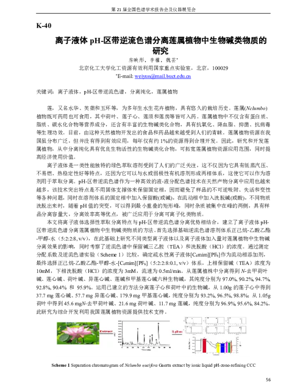离子液体pH-区带逆流色谱分离莲属植物中生物碱类物质的研究