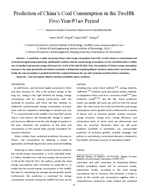PredictionofChinasCoalConsumptionintheTwelfthFive-Year-PlanPeriod--BasedonMarkovTransitionMatrixandItsModifiedModel