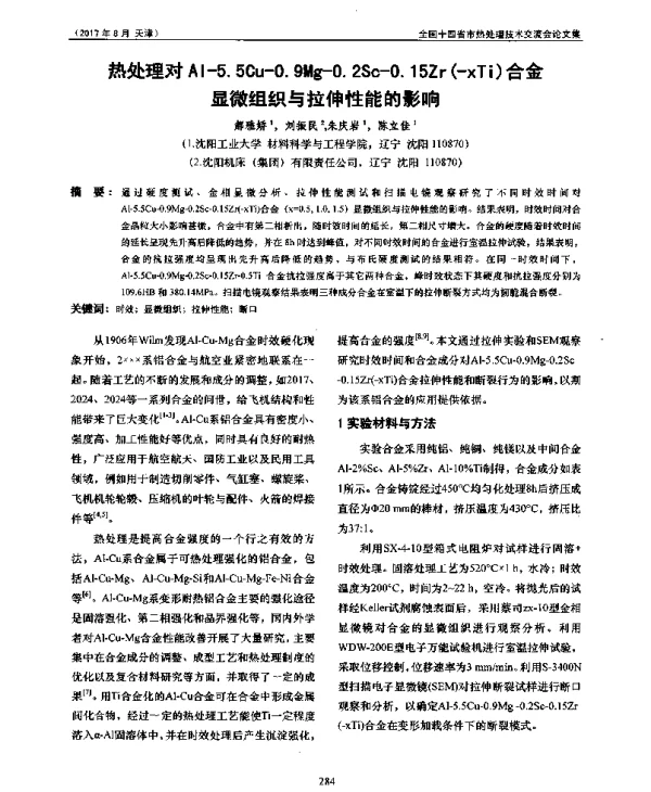 热处理对Al-5.5Cu-0.9Mg-0.2Sc-0.15Zr(-xTi)合金显微组织与拉伸性能的影响