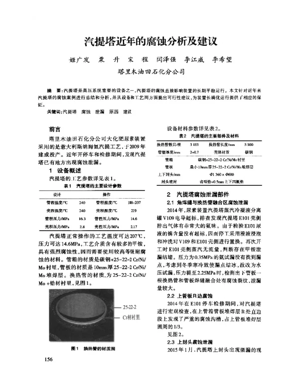 汽提塔近年的腐蚀分析及建议