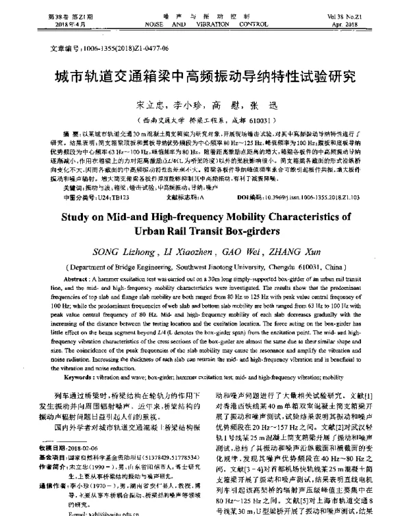 城市轨道交通箱梁中高频振动导纳特性试验研究