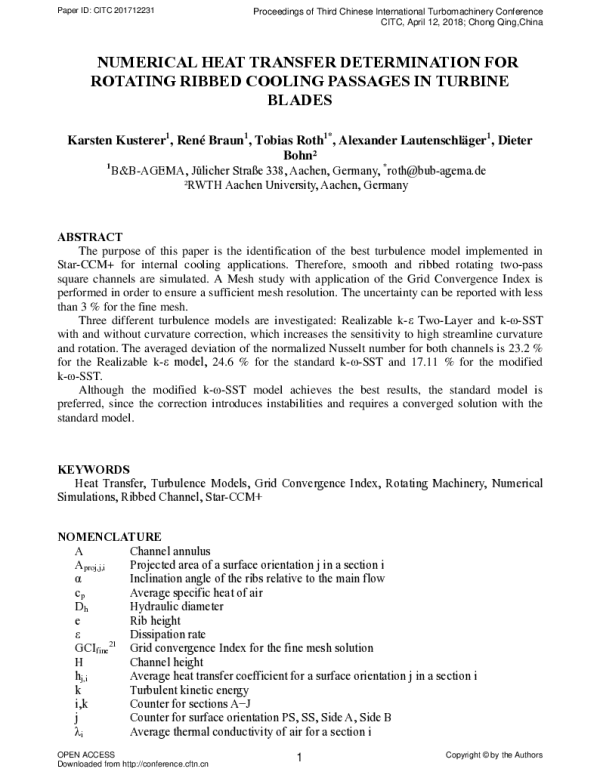 NUMERICALHEATTRANSFERDETERMINATIONFORROTATINGRIBBEDCOOLINGPASSAGESINTURBINEBLADES