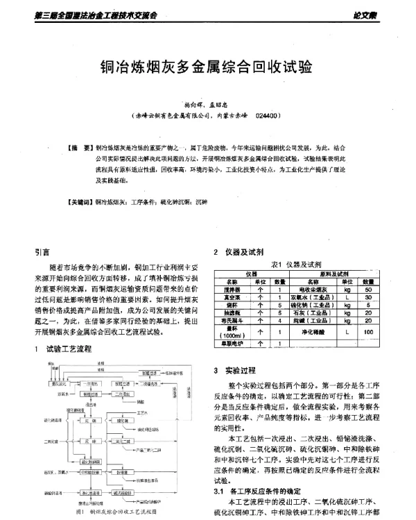 铜冶炼烟灰多金属综合回收试验