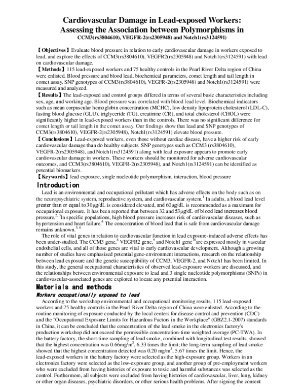CardiovascularDamageinLeadexposedWorkersAssessingtheAssociationbetweenPolymorphismsinCCM3(rs3804610)VEGFR2(rs2305948)andNotch1(rs3124591)