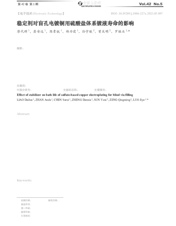 稳定剂对盲孔电镀铜用硫酸盐体系镀液寿命的影响