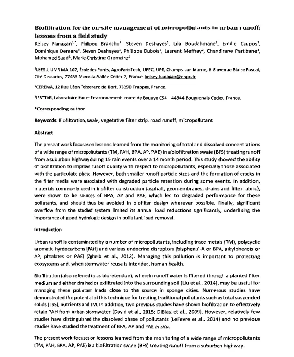 Biofiltrationfortheon-sitemanagementofmicropollutantsinurbanrunofflessonsfromafieldstudy