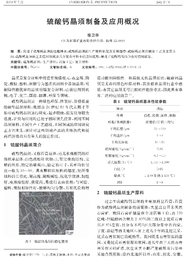 硫酸钙晶须制备及应用概况