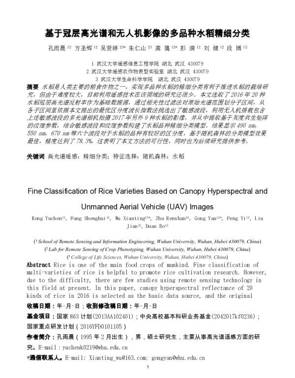 基于冠层高光谱和无人机影像的多品种水稻精细分类