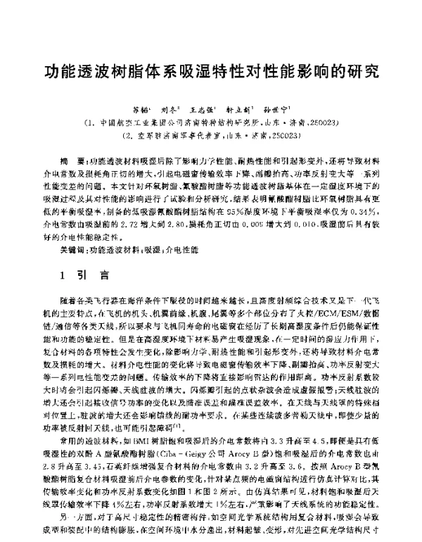 功能透波树脂体系吸湿特性对性能影响的研究