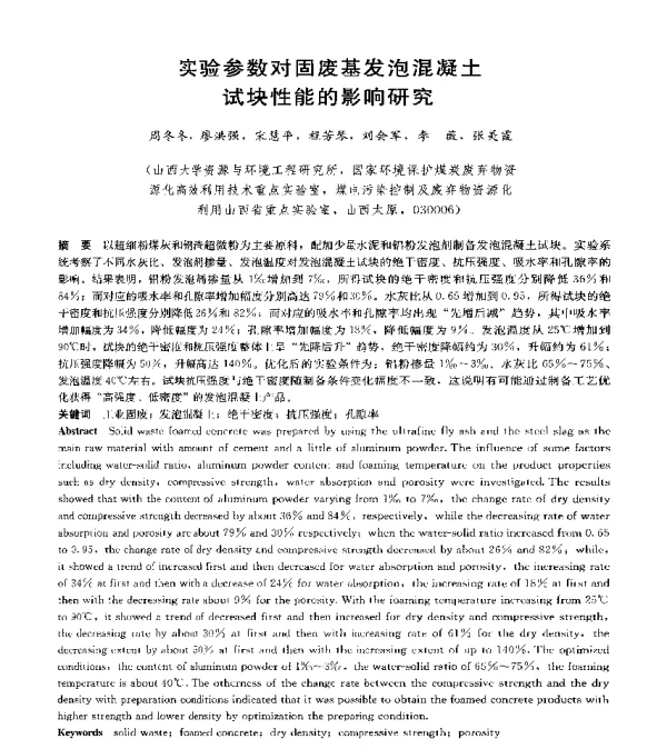 实验参数对固废基发泡混凝土试块性能的影响研究