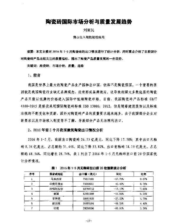 陶瓷砖国际市场分析与质量发展趋势