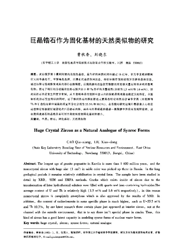 巨晶锆石作为固化基材的天然类似物的研究