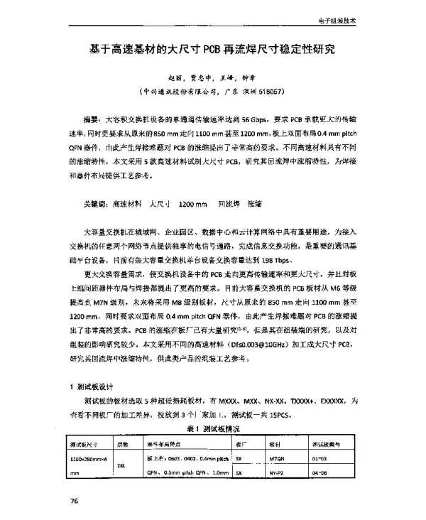 基于高速基材的大尺寸PCB再流焊尺寸稳定性研究