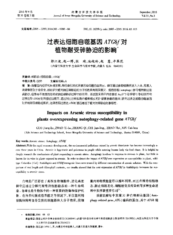过表达细胞自噬基因ATG8f对植物耐受砷胁迫的影响