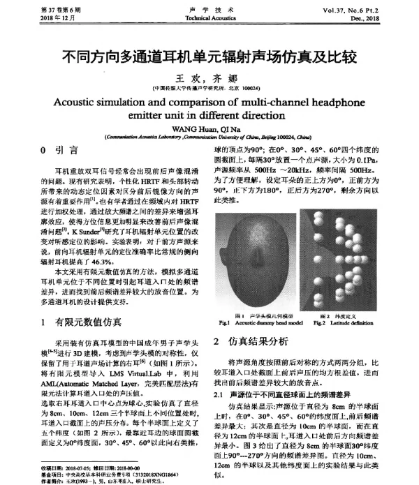 不同方向多通道耳机单元辐射声场仿真及比较