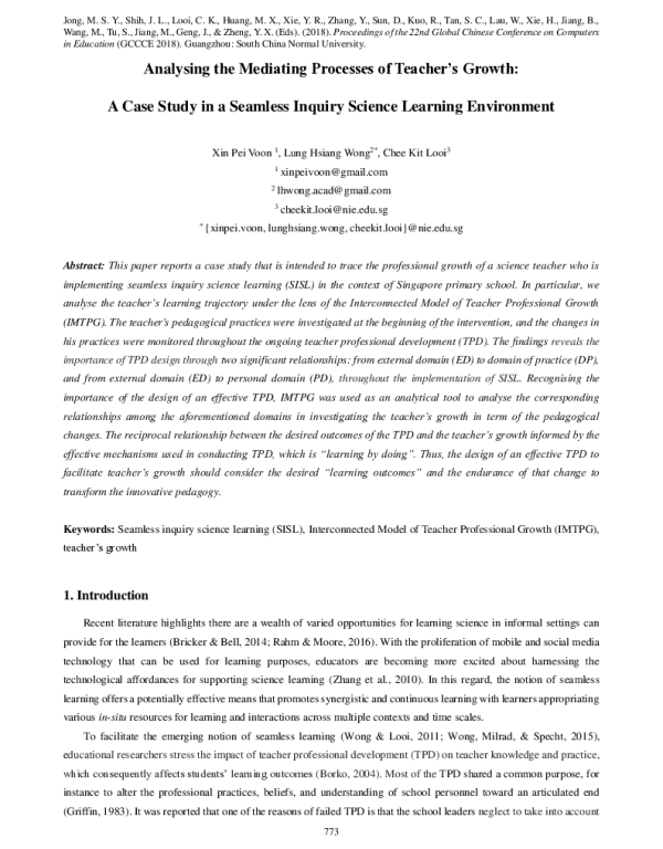 AnalysingtheMediatingProcessesofTeachersGrowthACaseStudyinaSeamlessInquiryScienceLearningEnvironment