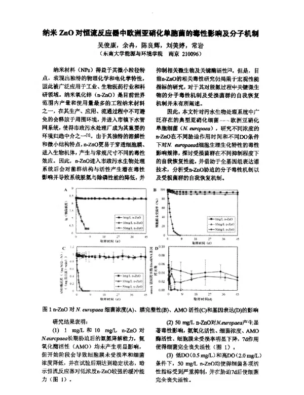 纳米ZnO对恒流反应器中欧洲亚硝化单胞菌的毒性影响及分子机制