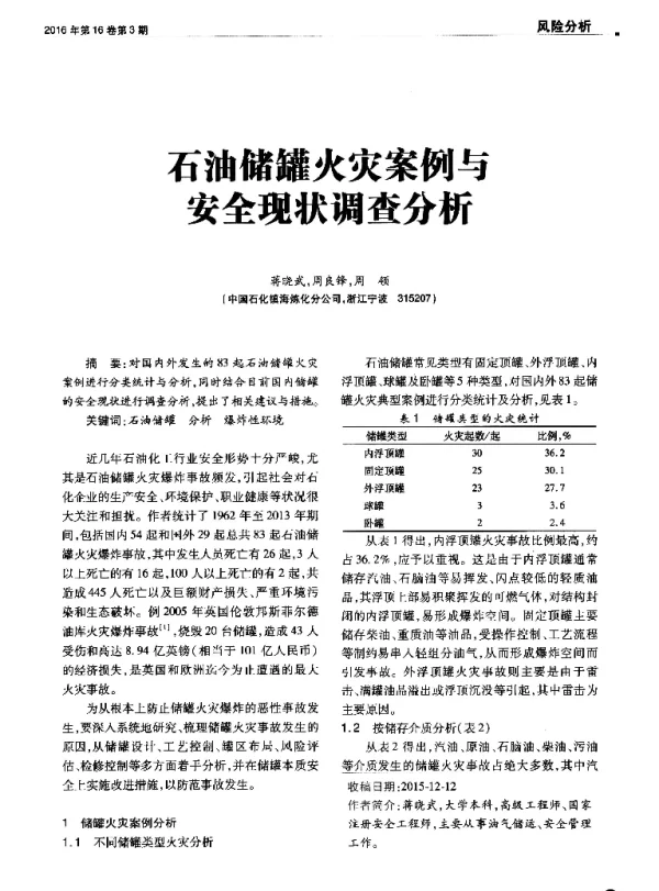 石油储罐火灾案例与安全现状调查分析