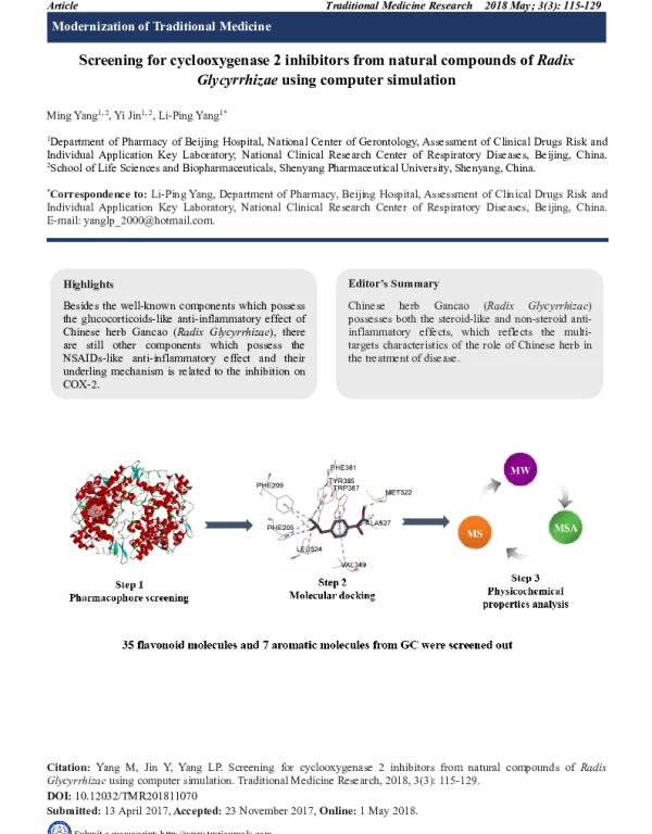 Screeningforcyclooxygenase2inhibitorsfromnaturalcompoundsofRadixGlycyrrhizaeusingcomputersimulation