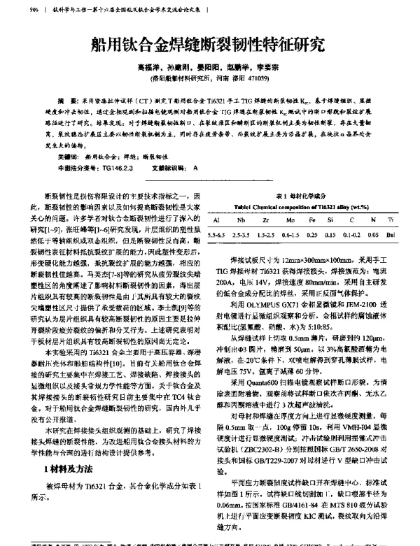 船用钛合金焊缝断裂韧性特征研究