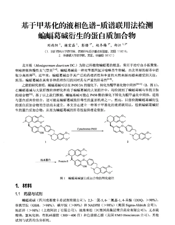 基于甲基化的液相色谱-质谱联用法检测蝙蝠葛碱衍生的蛋白质加合物