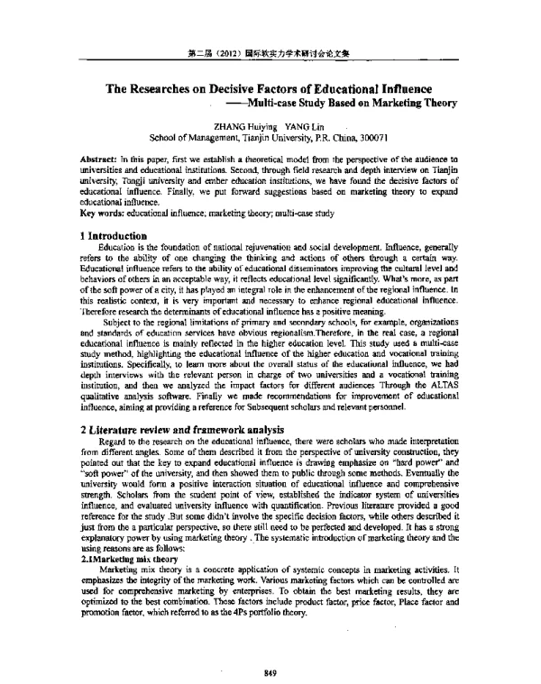 TheResearchesonDecisiveFactorsofEducationalInfluence--Multi-caseStudyBasedonMarketingTheory