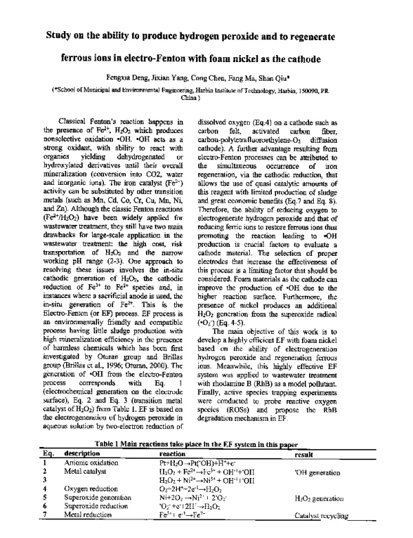 Studyontheabilitytoproducehydrogenperoxideandtoregenerateferrousionsinelectro-Fentonwithfoamnickelasthecathode