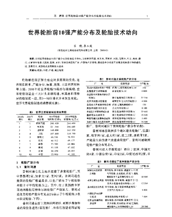 世界轮胎前10强产能分布及轮胎技术动向