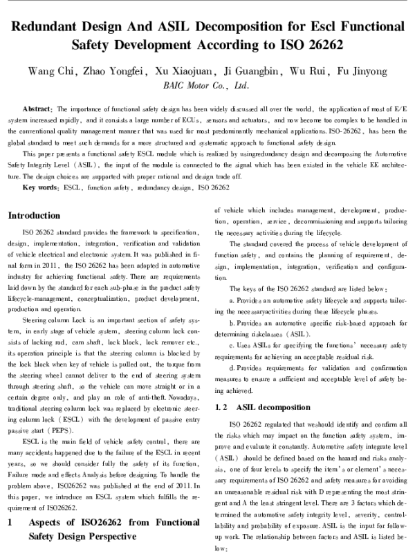 RedundantDesignAndASILDecompositionforEsclFunctionalSafetyDevelopmentAccordingtoISO26262