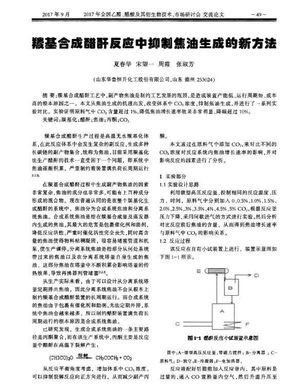 羰基合成醋酐反应中抑制焦油生成的新方法