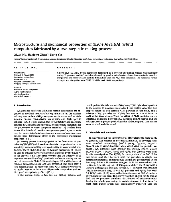 Microstructureandmechanicalpropertiesof(B4C+Al3Ti)Alhybridcompositesfabricatedbyatwo-stepstircastingprocess
