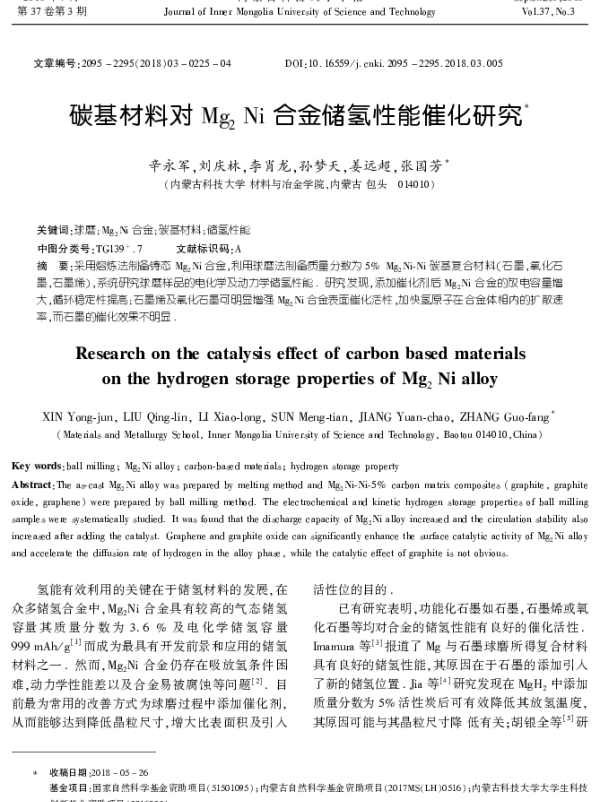 碳基材料对Mg2Ni合金储氢性能催化研究