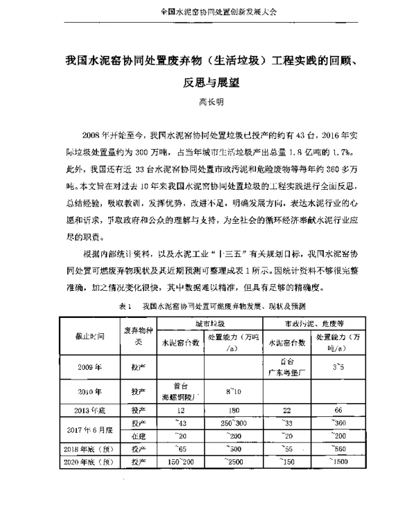 我国水泥窑协同处置废弃物(生活垃圾)工程实践的回顾、反思与展望