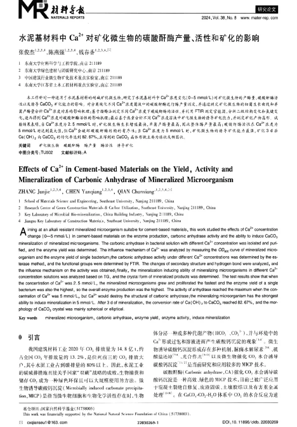 水泥基材料中Ca2+对矿化微生物的碳酸酐酶产量、活性和矿化的影响