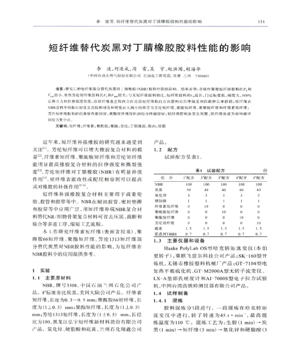 短纤维替代炭黑对丁腈橡胶胶料性能的影响