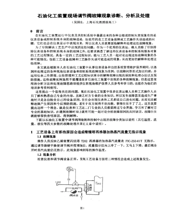 石油化工装置现场调节阀故障现象诊断、分析及处理
