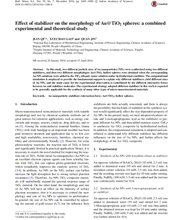 EffectofstabilizeronthemorphologyofAu@TiO2spheresacombinedexperimentalandtheoreticalstudy