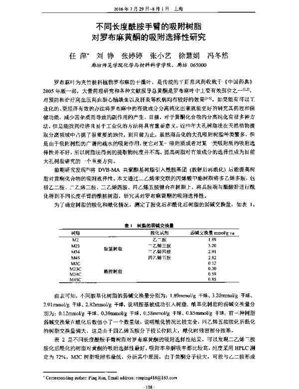不同长度酰胺手臂的吸附树脂对罗布麻黄酮的吸附选择性研究