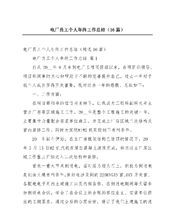 电厂员工个人年终工作总结（16篇）