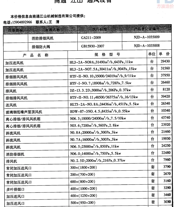 AZ通风设备价格（含税）-江山