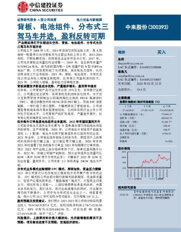 中来股份背板、电池组件、分布式市场报告
