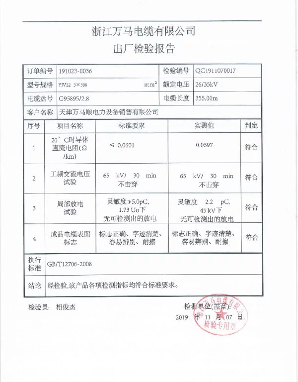 出厂检验报告-电缆检验报告合格证
