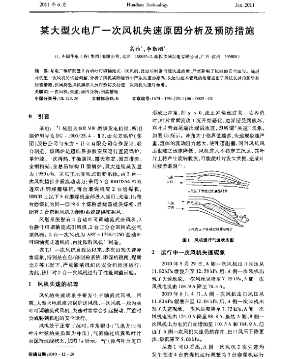 某大型火电厂一次风机失速原因分析及预防措施