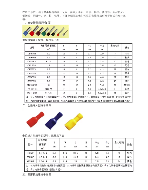 电线端子型号及规格