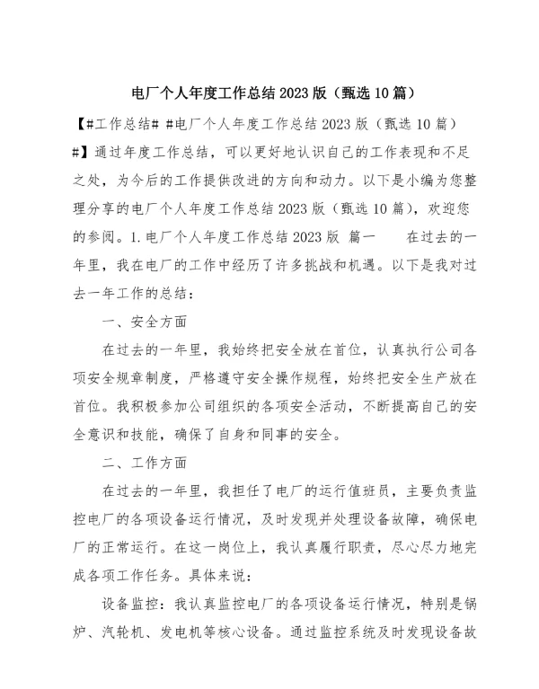 电厂个人年度工作总结2023版（甄选10篇）
