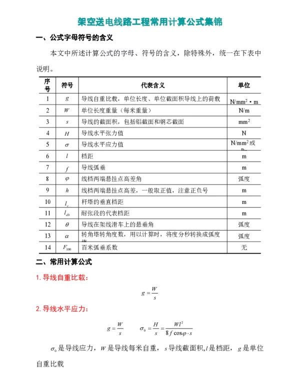 架空送电线路工程架线施工常用计算公式集锦