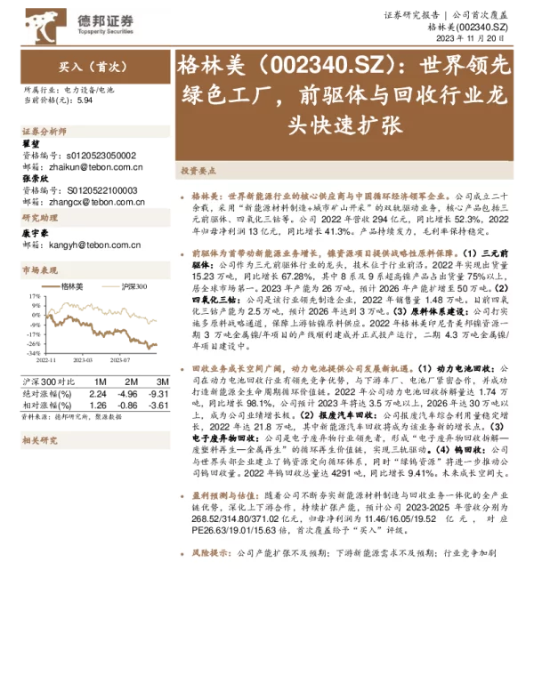 世界领先绿色工厂，前驱体与回收行业龙头快速扩张